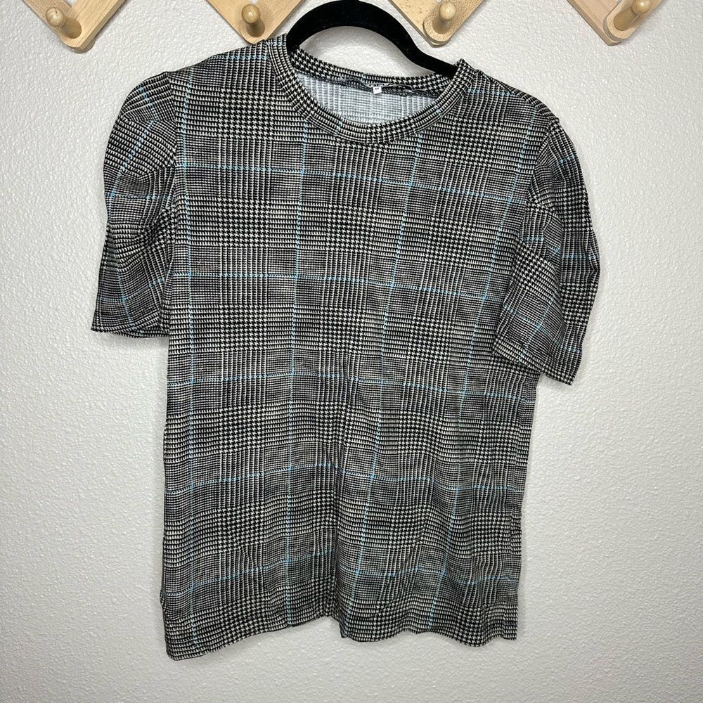 #777 PAM & GELA Black & White Glen Plaid Puff Sleeve Top